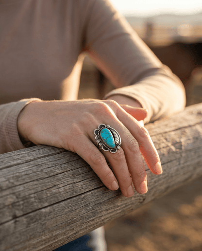 Vintage Sterling Silver Turquoise Ring with Sterling Leaf & Hand-Stamping — Size 7.5 (Native-Style)