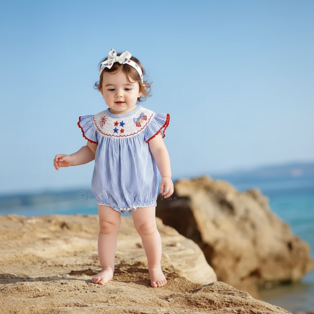Stripe Star Embroidery Romper