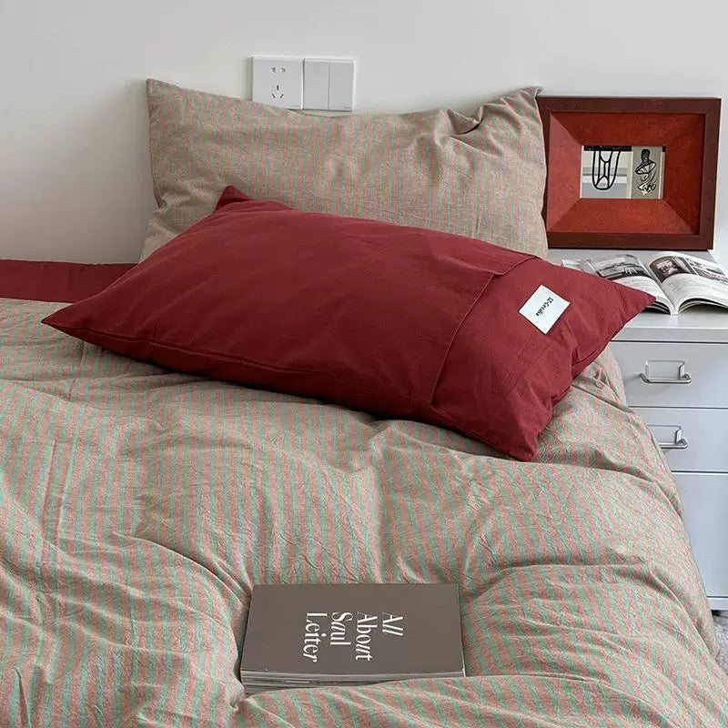 Red & Beige Striped Cotton Bedding Set