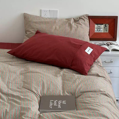 Red & Beige Striped Cotton Bedding Set