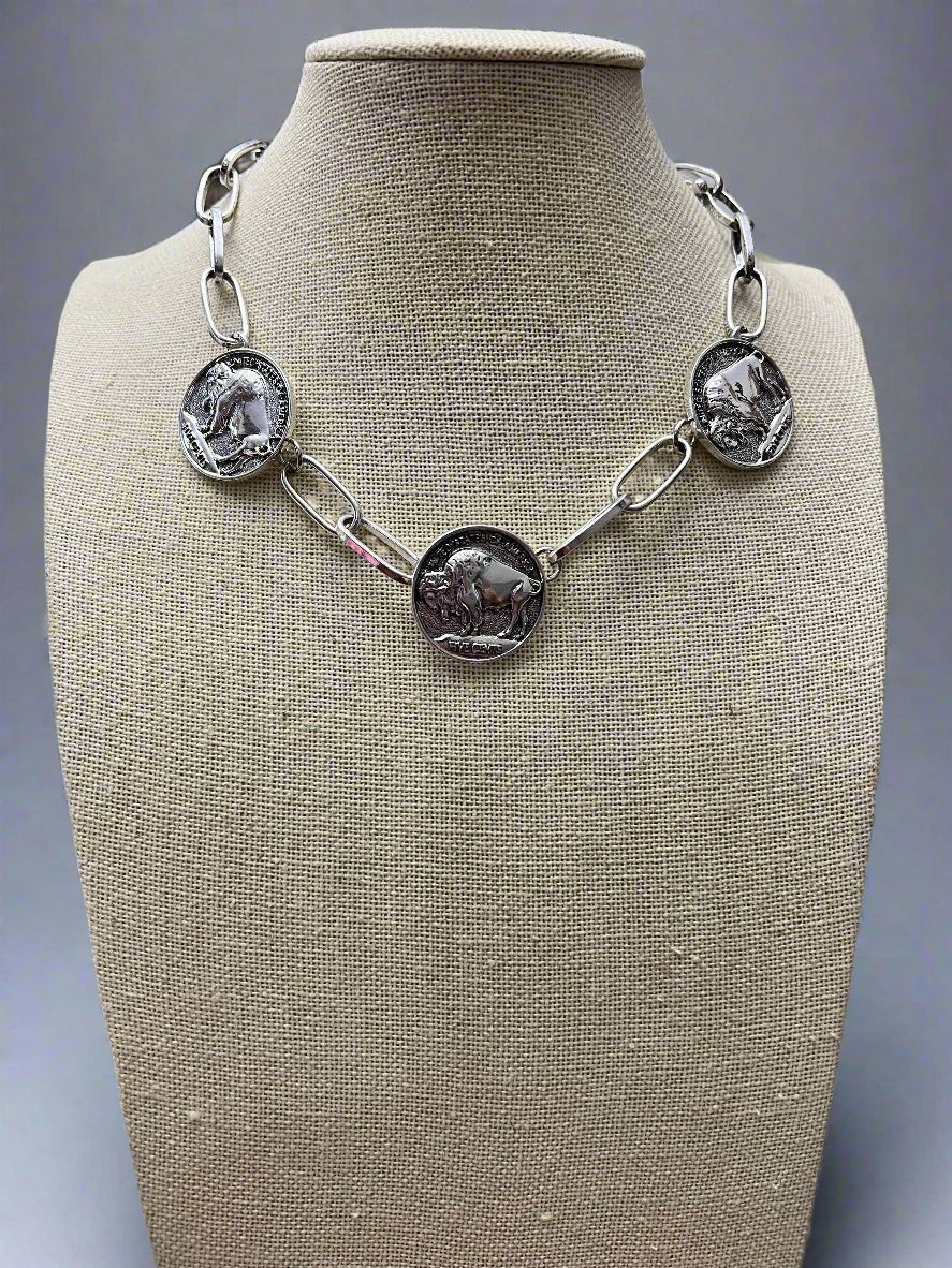 Western Rustic Buffalo Coin Choker & Earring Set — Burnished Silver Western Jewelry Duo