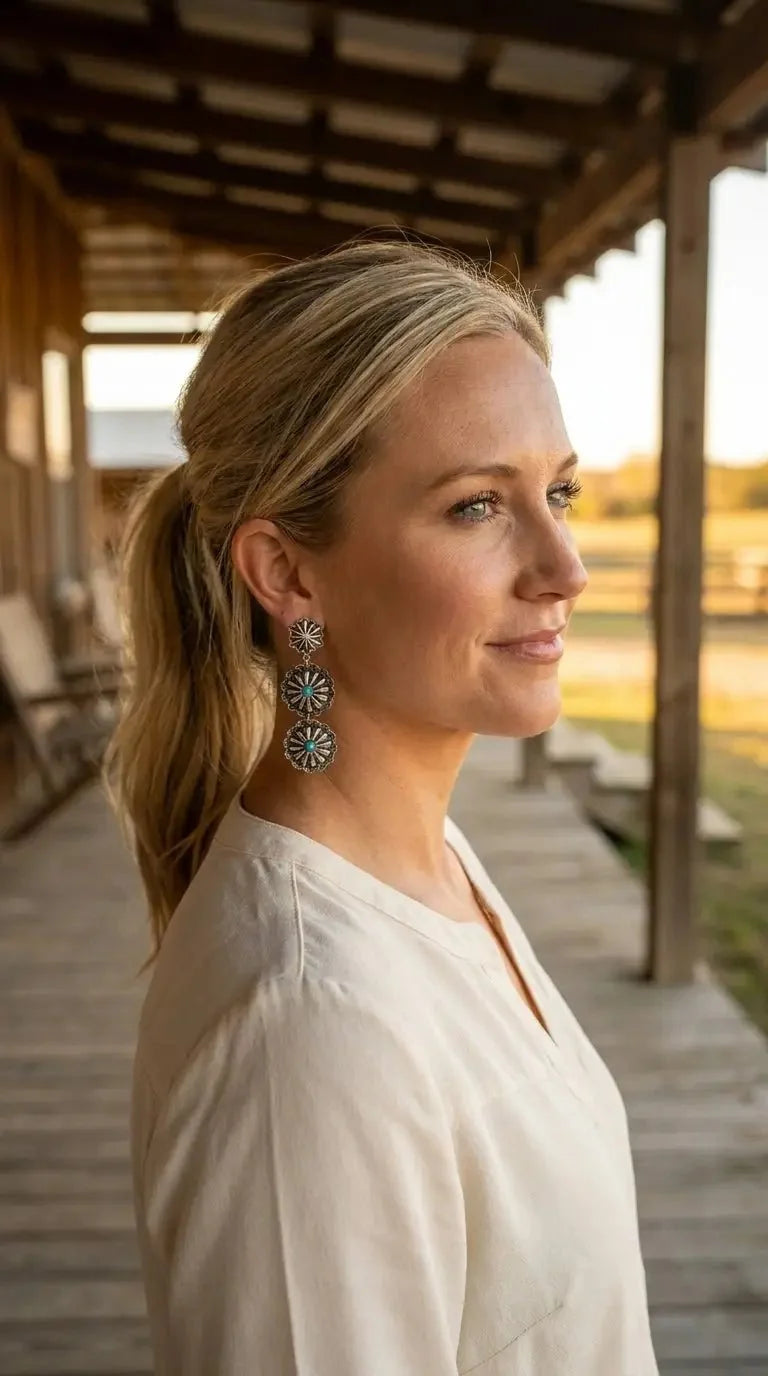Western 3-Concho Dangle Earrings with Faux Turquoise — 2¼" Drop