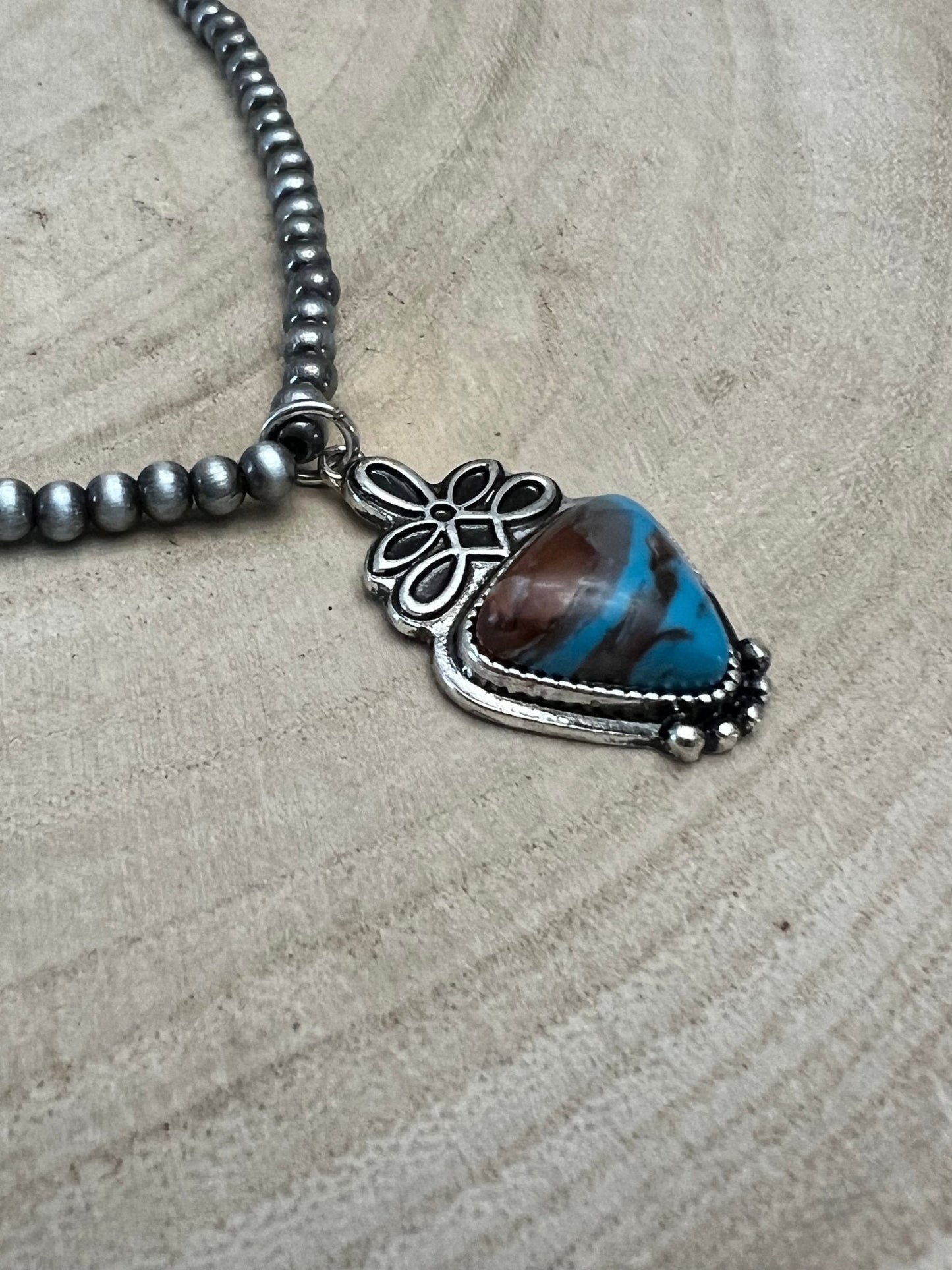 Western Boot Stitch Pendant Pearl Necklace with Faux Turquoise — 18 Inch