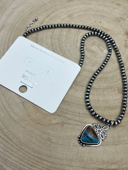 Western Boot Stitch Pendant Pearl Necklace with Faux Turquoise — 18 Inch