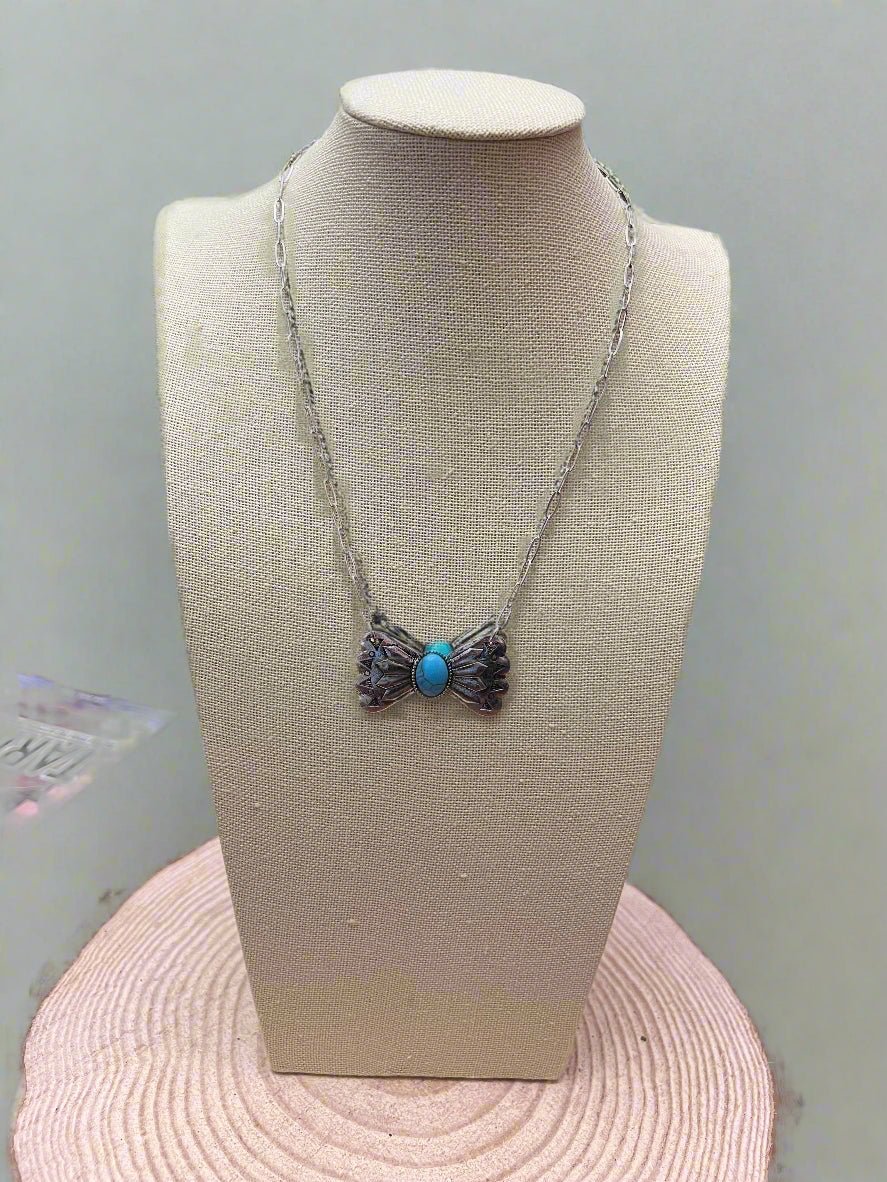 Western Bowtie & Faux Turquoise Necklace — 18 Inch with Extender