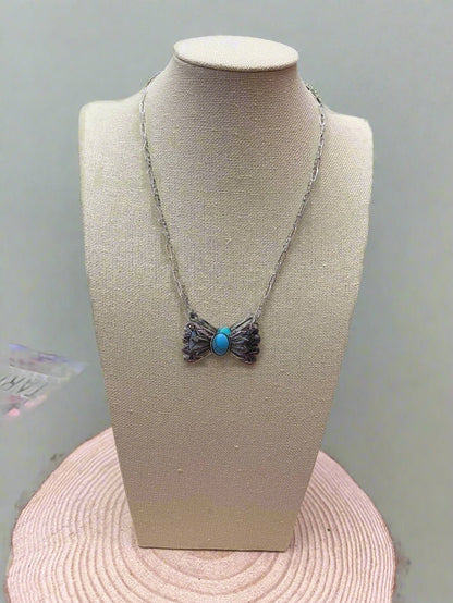 Western Bowtie & Faux Turquoise Necklace — 18 Inch with Extender