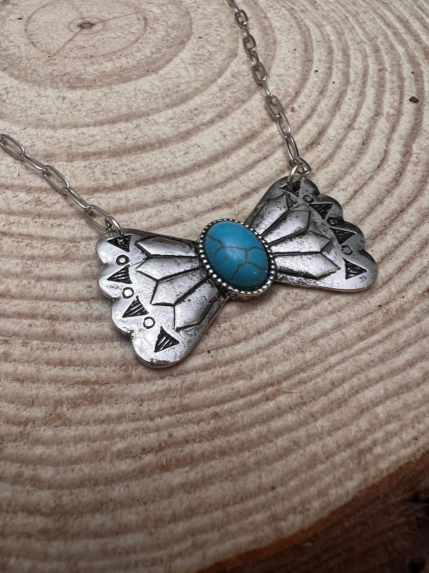 Western Bowtie & Faux Turquoise Necklace — 18 Inch with Extender