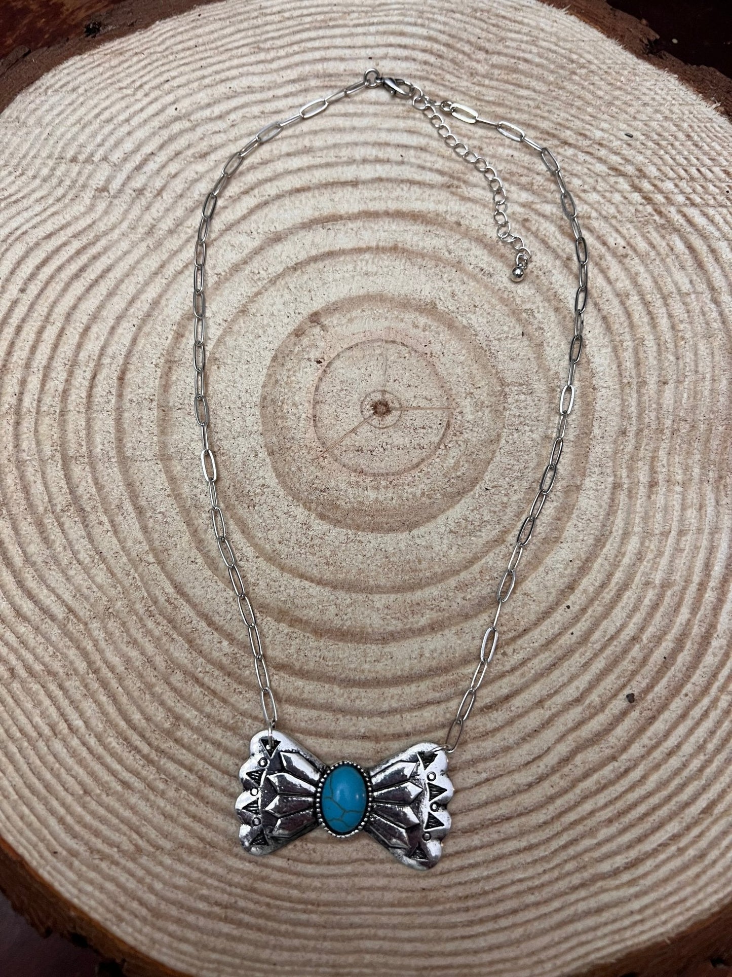 Western Bowtie & Faux Turquoise Necklace — 18 Inch with Extender