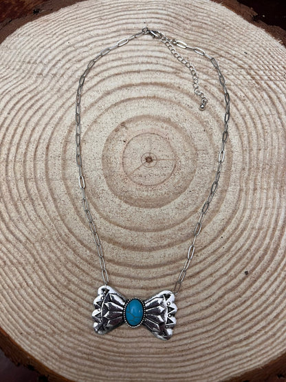 Western Bowtie & Faux Turquoise Necklace — 18 Inch with Extender