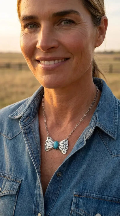 Western Bowtie & Faux Turquoise Necklace — 18 Inch with Extender