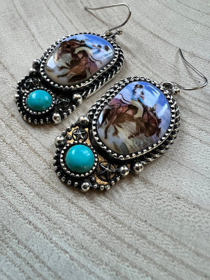 Western Bronc Print Oval & Faux Turquoise Earrings — Matching Rodeo Set