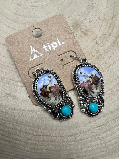 Western Bronc Print Oval & Faux Turquoise Earrings — Matching Rodeo Set