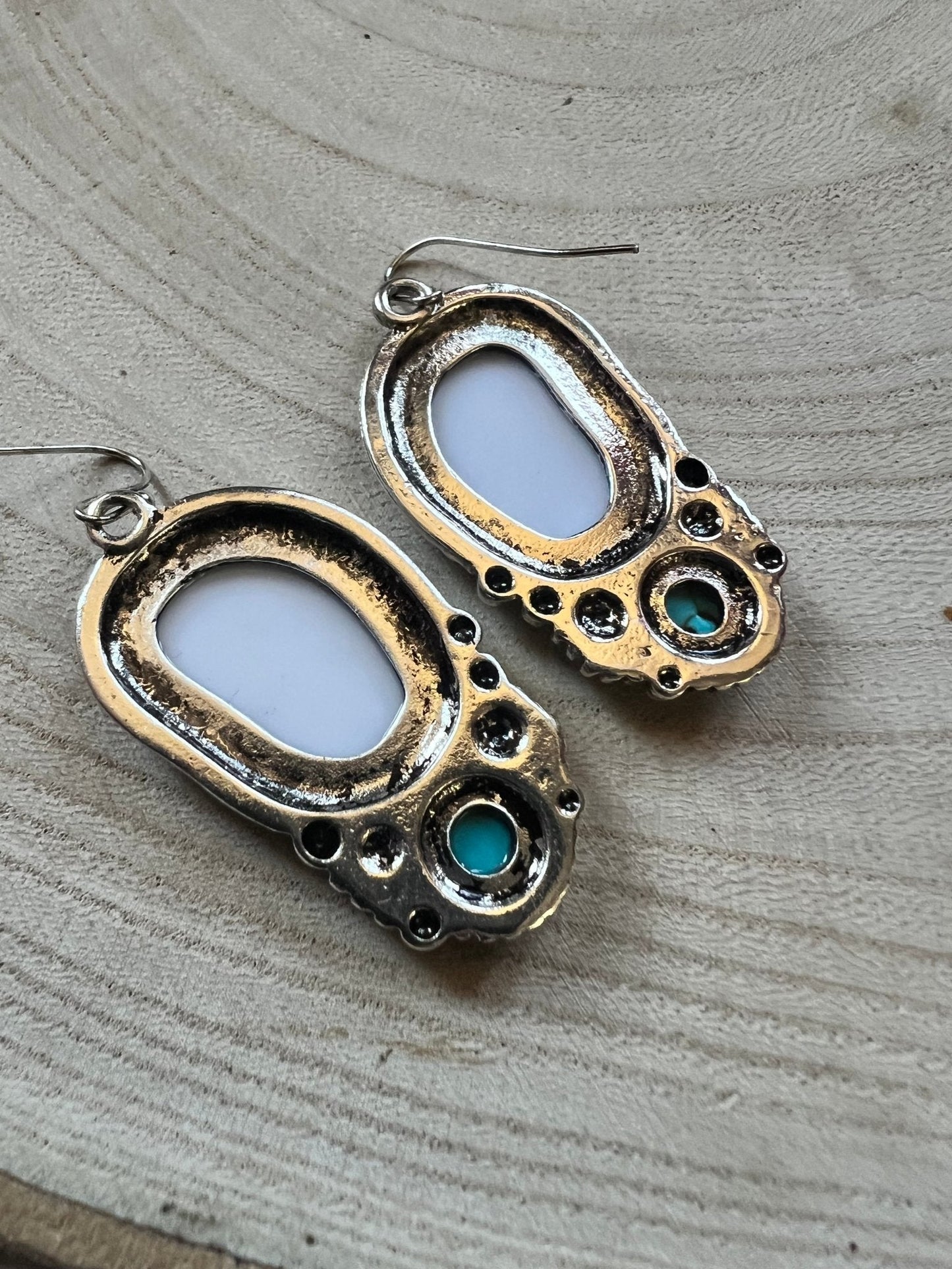 Western Bronc Print Oval & Faux Turquoise Earrings — Matching Rodeo Set