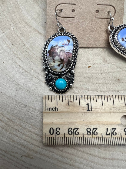 Western Bronc Print Oval & Faux Turquoise Earrings — Matching Rodeo Set