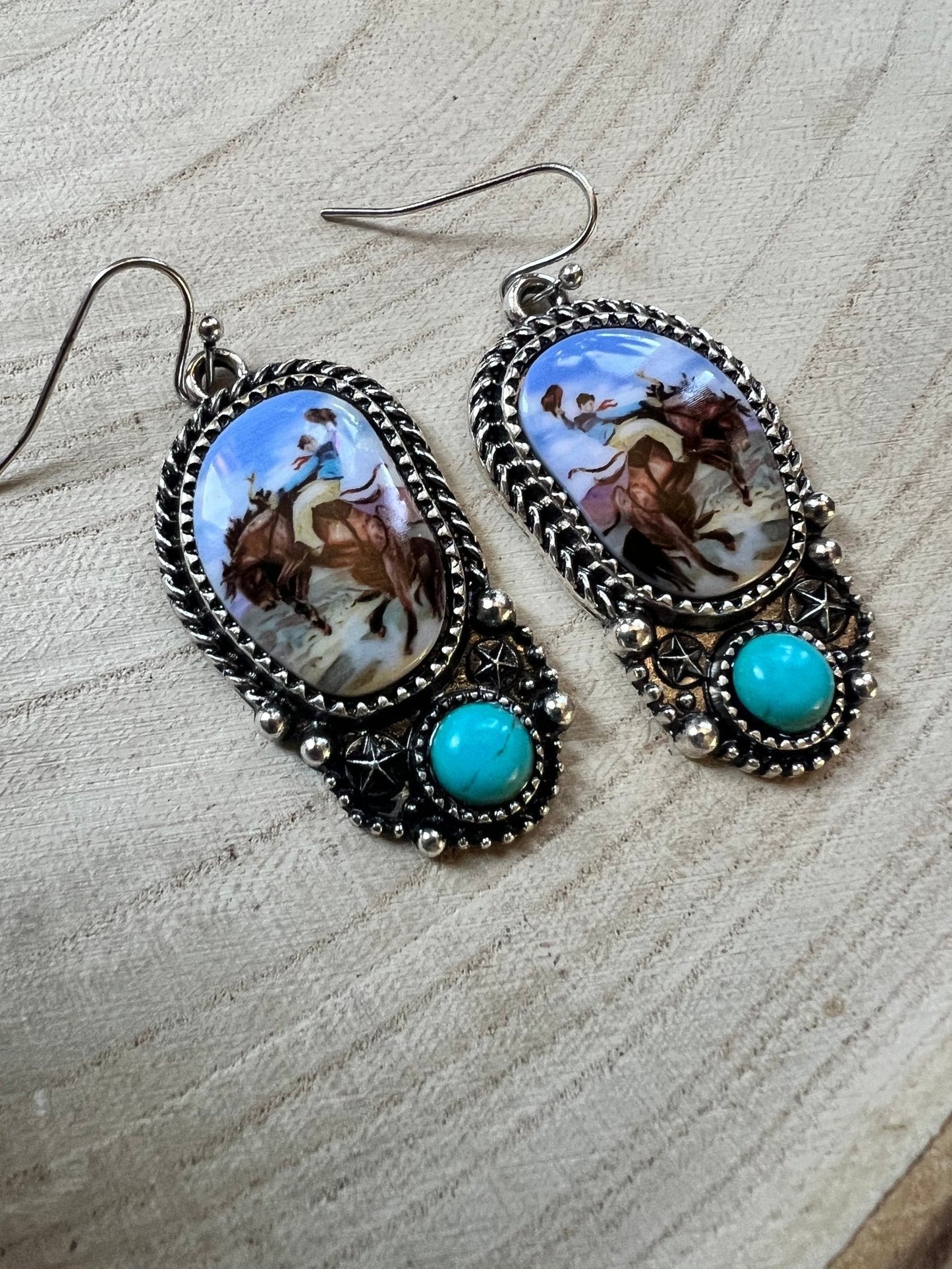 Western Bronc Print Oval & Faux Turquoise Earrings — Matching Rodeo Set