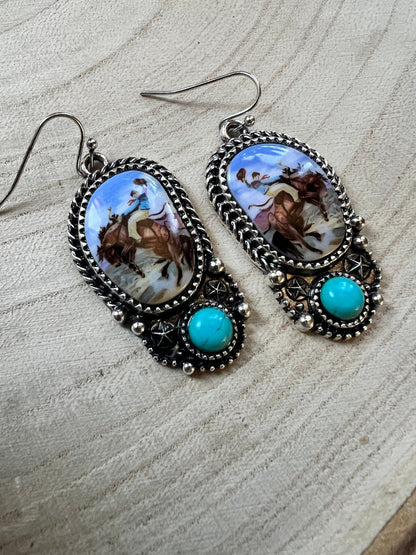 Western Bronc Print Oval & Faux Turquoise Earrings — Matching Rodeo Set