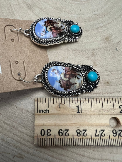 Western Bronc Print Oval & Faux Turquoise Earrings — Matching Rodeo Set
