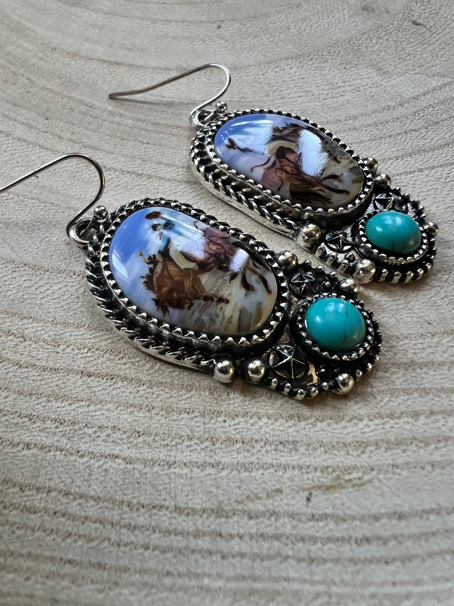 Western Bronc Print Oval & Faux Turquoise Earrings — Matching Rodeo Set