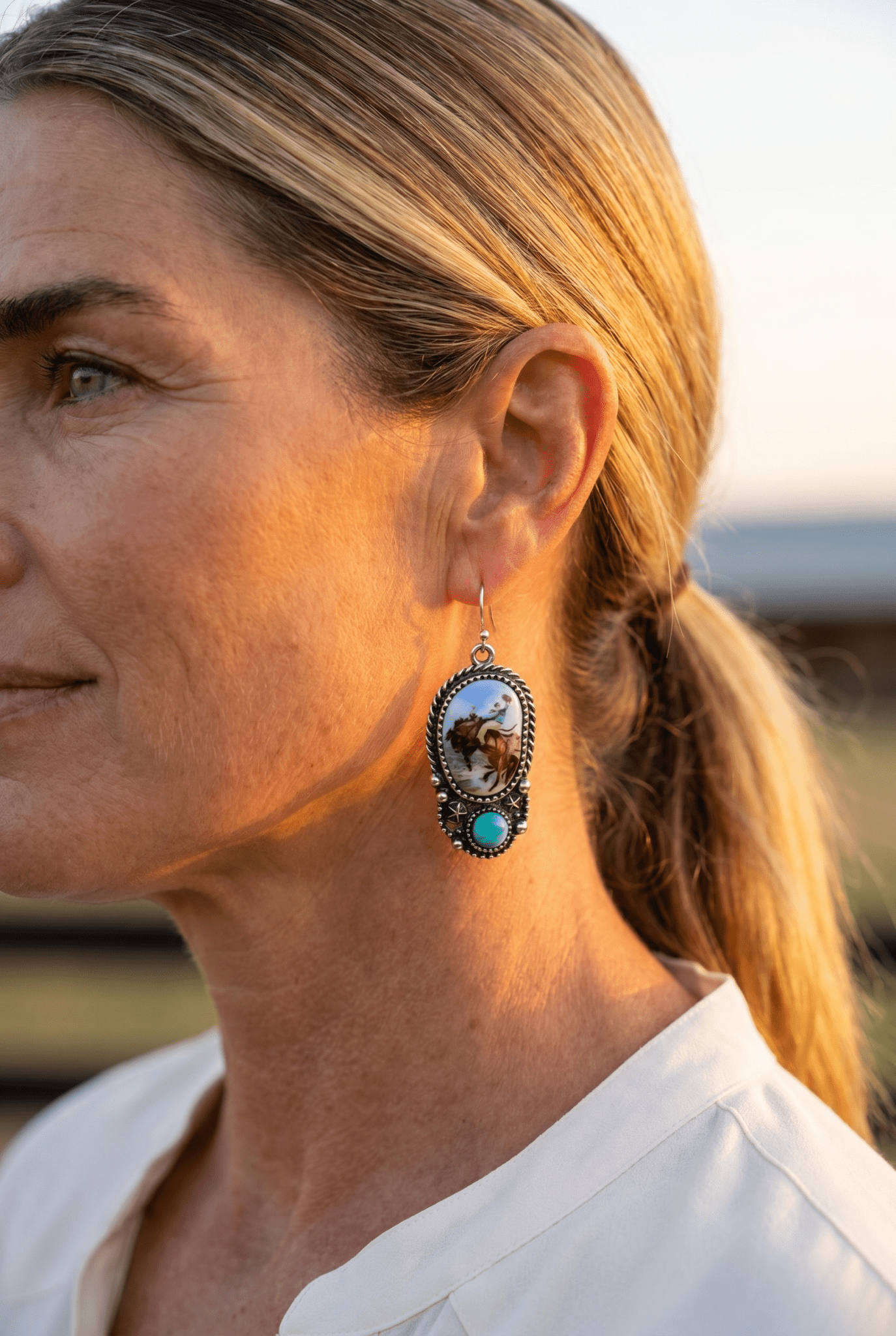 Western Bronc Print Oval & Faux Turquoise Earrings — Matching Rodeo Set