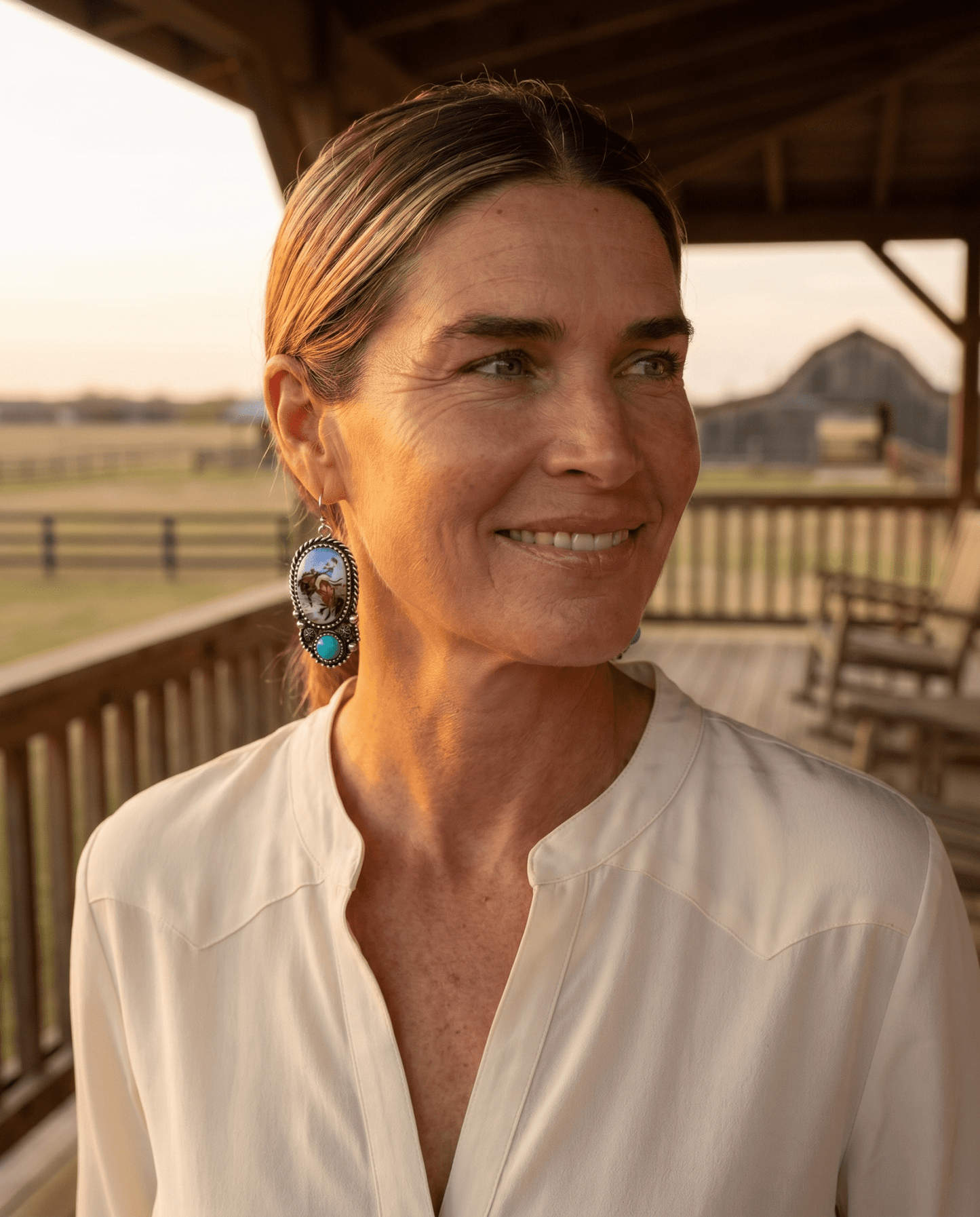 Western Bronc Print Oval & Faux Turquoise Earrings — Matching Rodeo Set