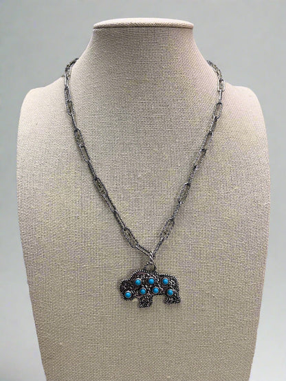 Western Buffalo Pendant Necklace with Faux Turquoise — 18 Inch with Extender