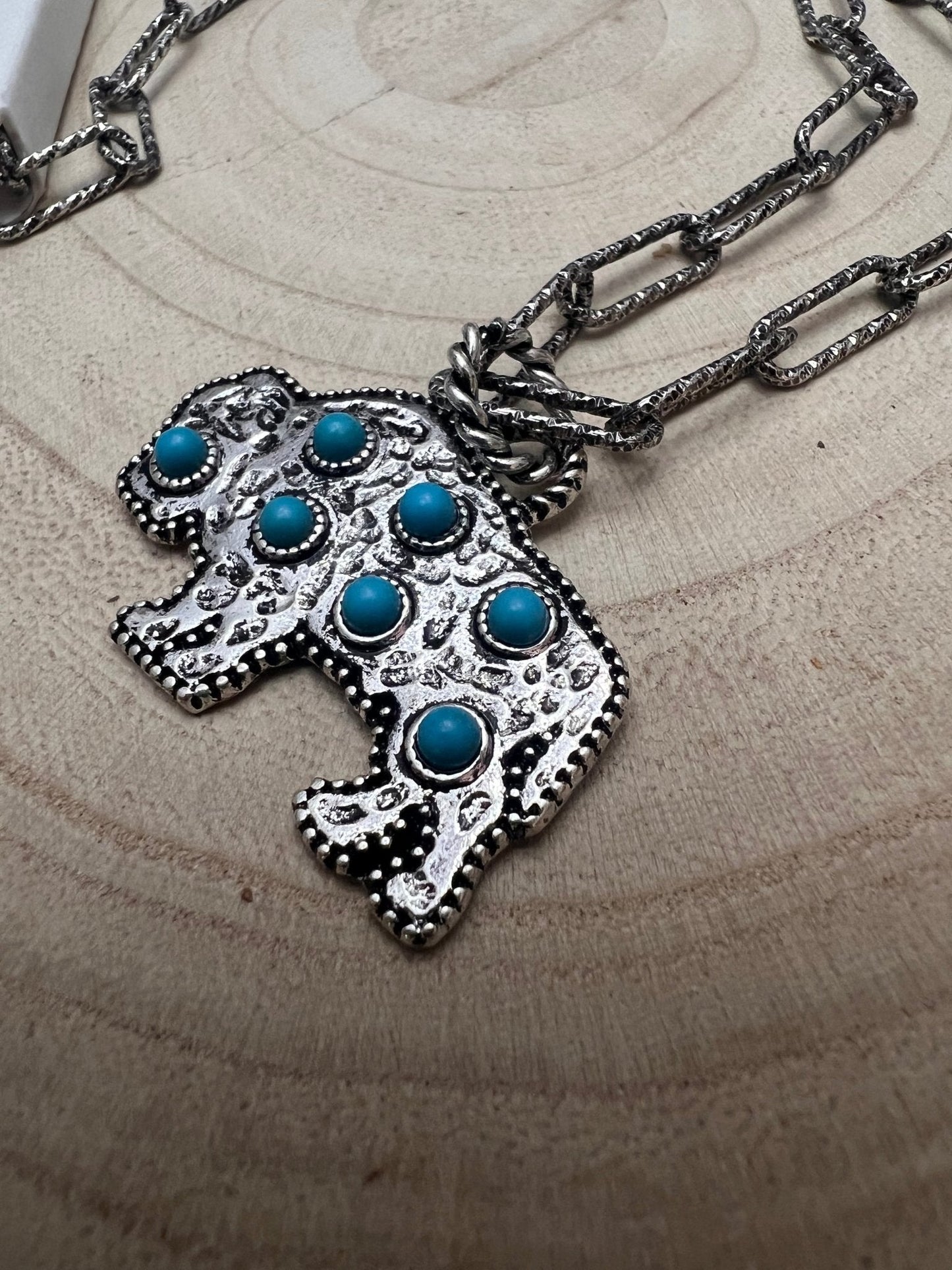 Western Buffalo Pendant Necklace with Faux Turquoise — 18 Inch with Extender