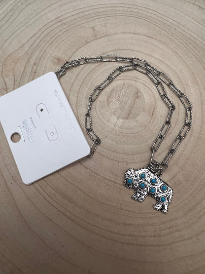 Western Buffalo Pendant Necklace with Faux Turquoise — 18 Inch with Extender