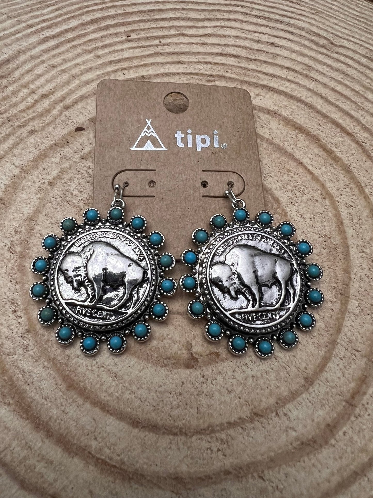 Western Buffalo Coin Dangle Earrings with Faux Turquoise — Statement Drop