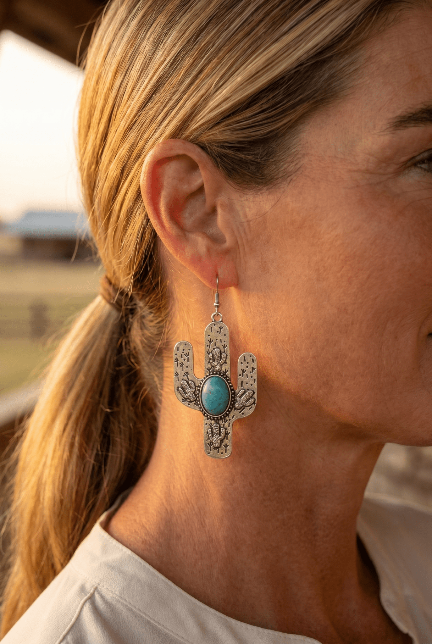 Western Cactus Dangle Earrings with Faux Turquoise — 2½" Drop
