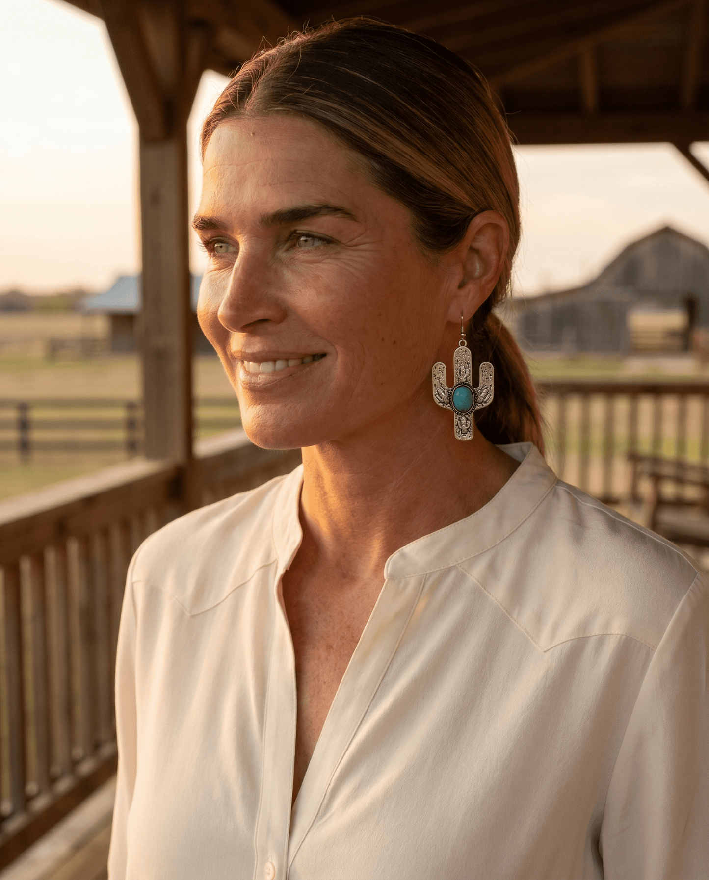Western Cactus Dangle Earrings with Faux Turquoise — 2½" Drop