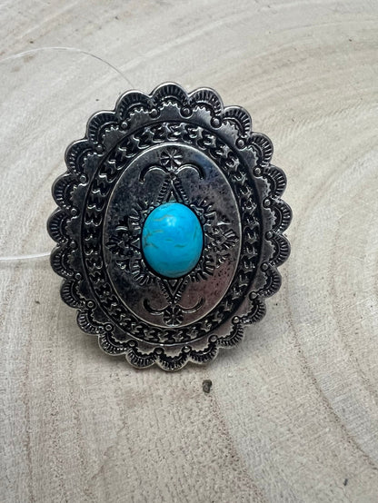 Western Concho & Faux Turquoise Stretch Statement Ring — 1.5" Bold Western Hand Statement