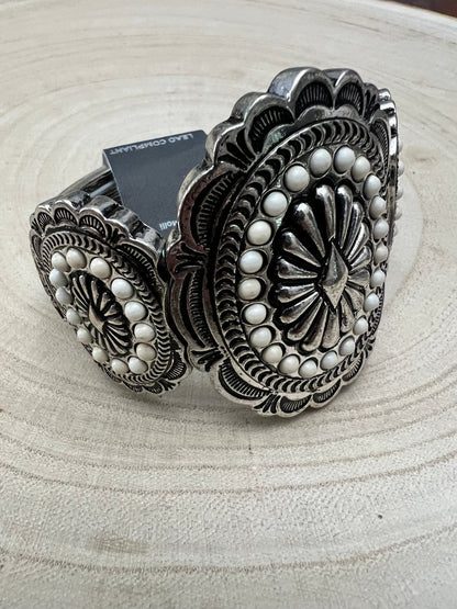 Western Concho & White Stone Wide Statement Stretch Bracelet