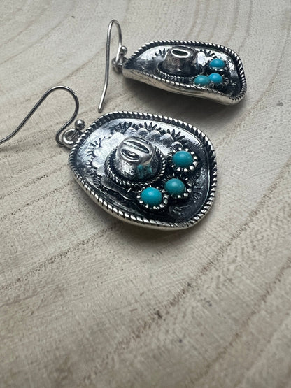 Western Cowboy Hat Dangle Earrings with Faux Turquoise — Oxidized Silver 1" Drop