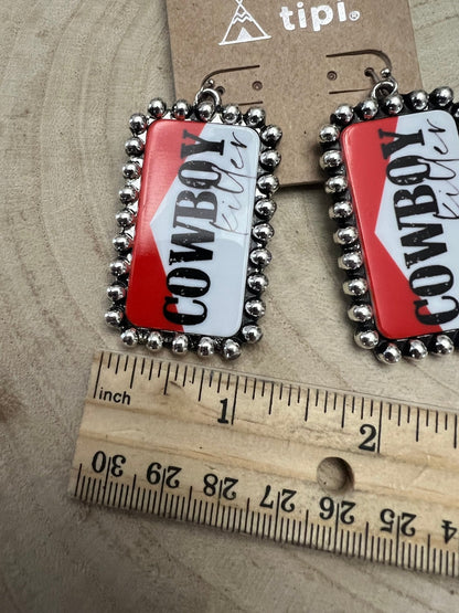 Western Cowboy Killer Rectangle Earrings — Red & White Western Statement