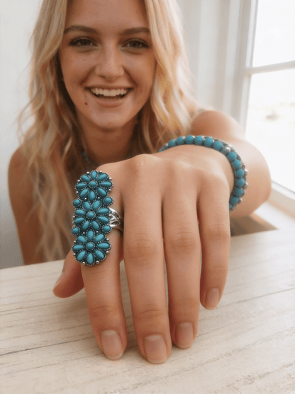 Western Desert Bloom Cluster Adjustable Ring — Faux Turquoise Hand Statement