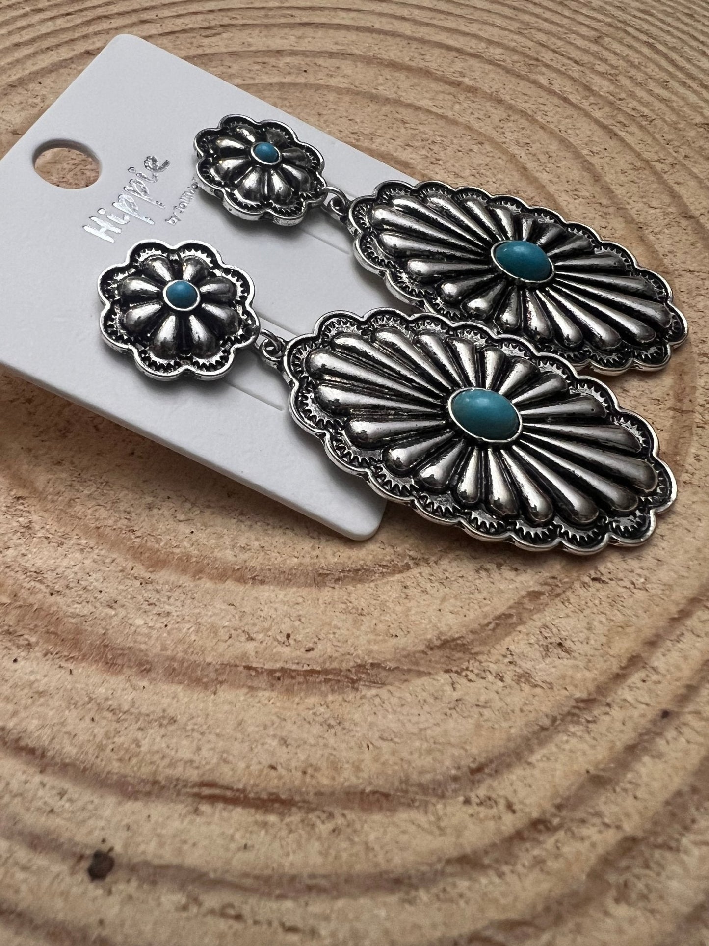Western Double Concho Earrings with Faux Turquoise — Bold 3" Drop