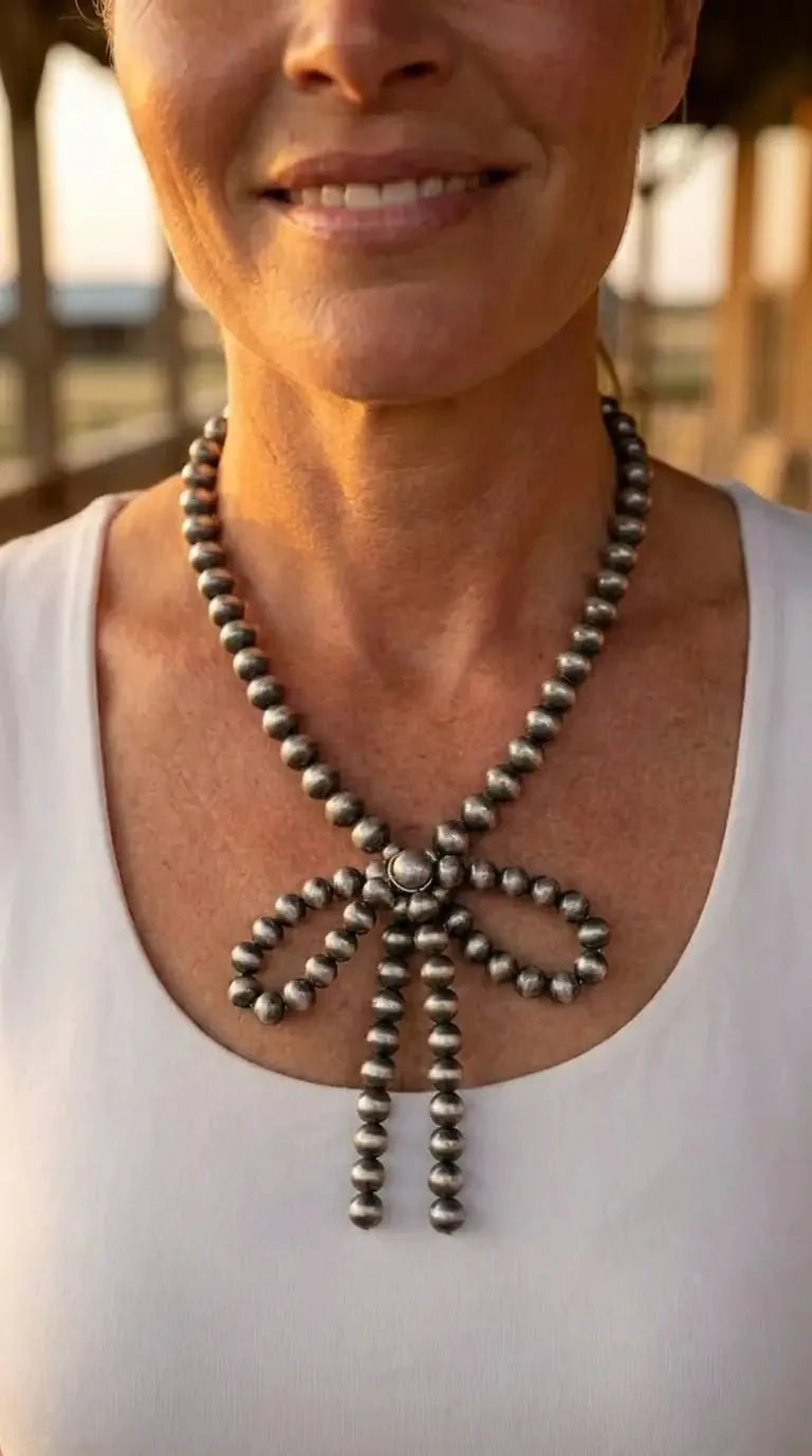 Western Faux Bow Pearl Necklace — 10mm Faux Sterling Pearls (16 Inch)