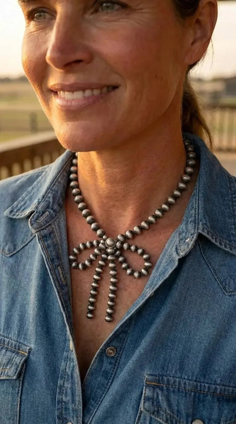 Western Faux Bow Pearl Necklace — 10mm Faux Sterling Pearls (16 Inch)
