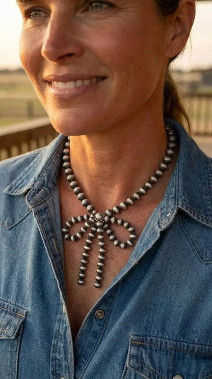 Western Faux Bow Pearl Necklace — 10mm Faux Sterling Pearls (16 Inch)