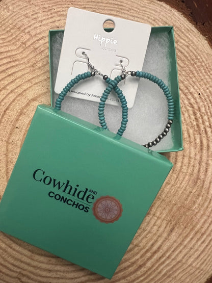 Western Faux Pearl & Turquoise Hoop Earrings with Disc Detail — 2½" Drop