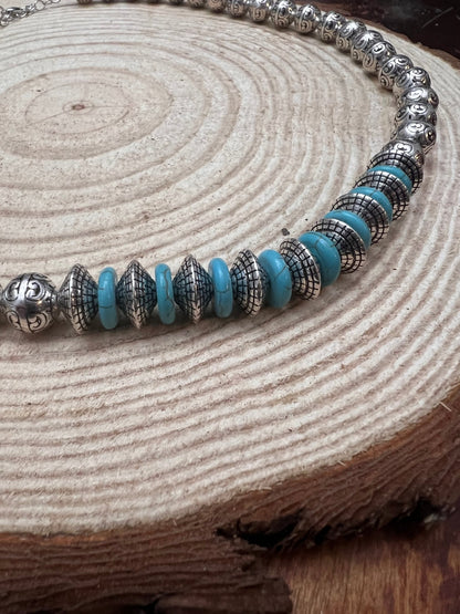 Western Faux Stamped Sterling Pearl Necklace with Saucers & Turquoise — 24 Inch