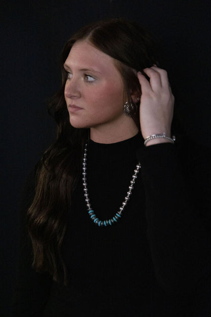 Western Faux Stamped Sterling Pearl Necklace with Saucers & Turquoise — 24 Inch