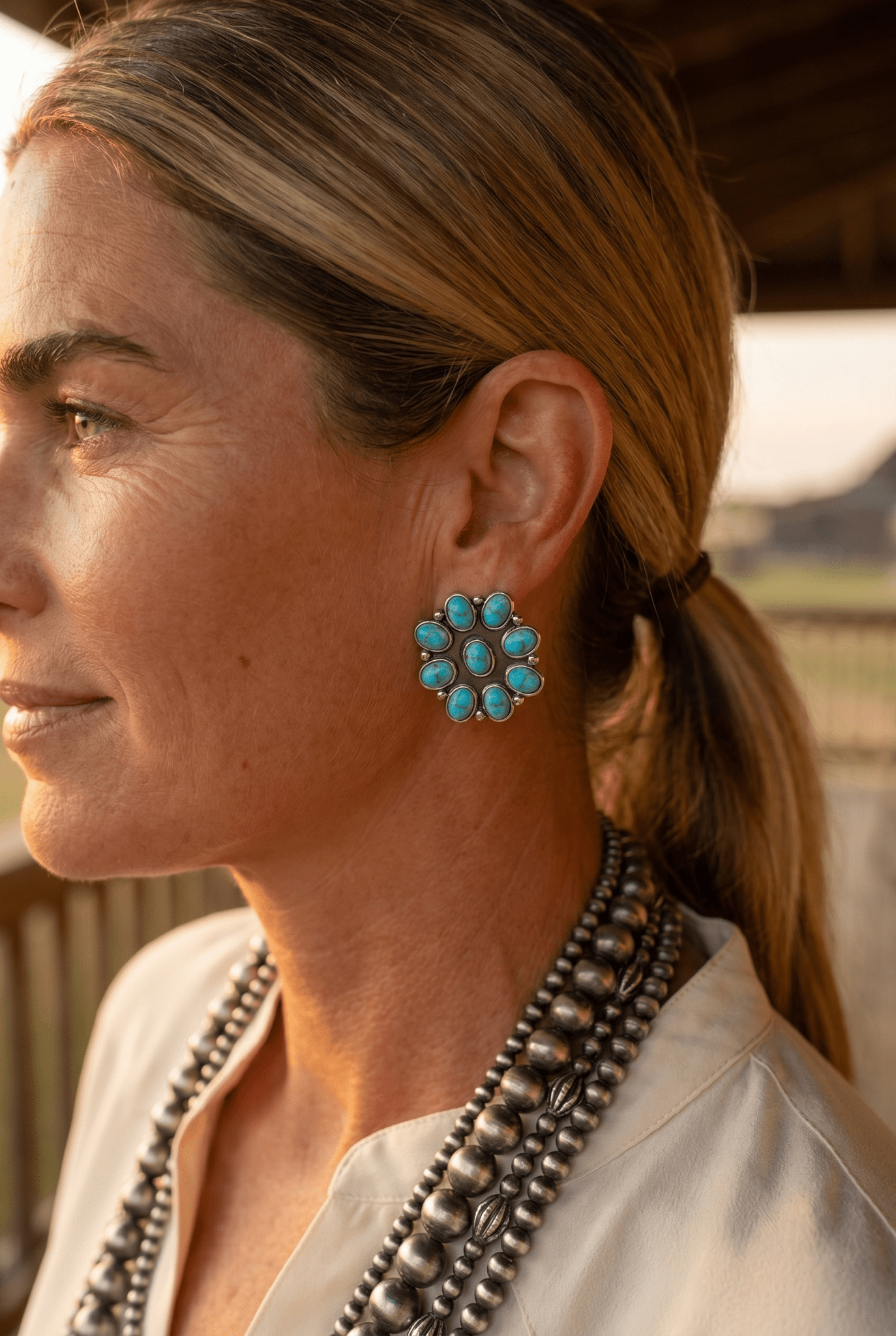 Western Faux Turquoise Cluster Earrings — Oxidized Silver 1" Statement
