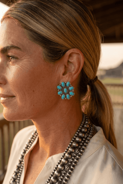 Western Faux Turquoise Cluster Earrings — Oxidized Silver 1" Statement