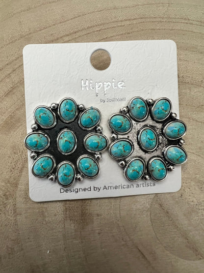 Western Faux Turquoise Cluster Earrings — Oxidized Silver 1" Statement