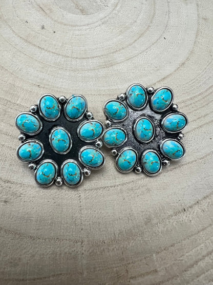 Western Faux Turquoise Cluster Earrings — Oxidized Silver 1" Statement