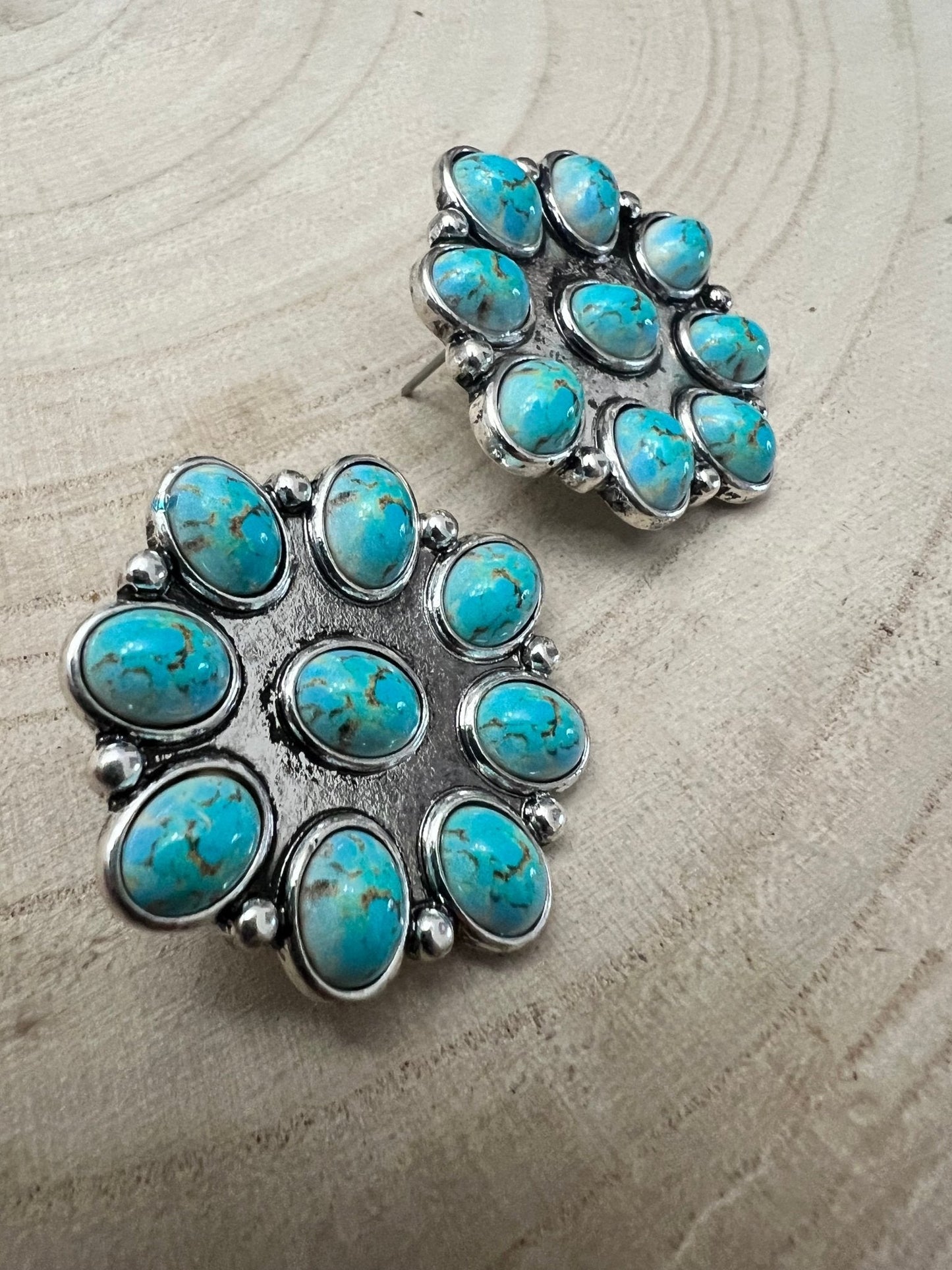 Western Faux Turquoise Cluster Earrings — Oxidized Silver 1" Statement