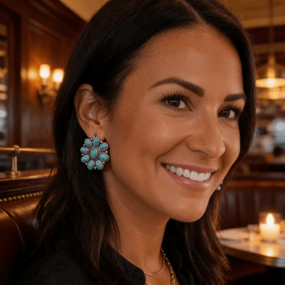 Western Faux Turquoise Cluster Earrings — Oxidized Silver 1" Statement