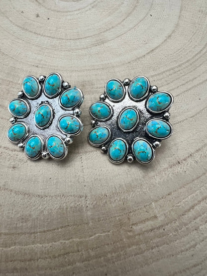 Western Faux Turquoise Cluster Earrings — Oxidized Silver 1" Statement