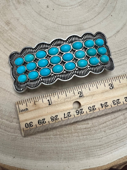Western Faux Large Turquoise Cluster Metal Hair Barrette — 3" Old West Hair Statement